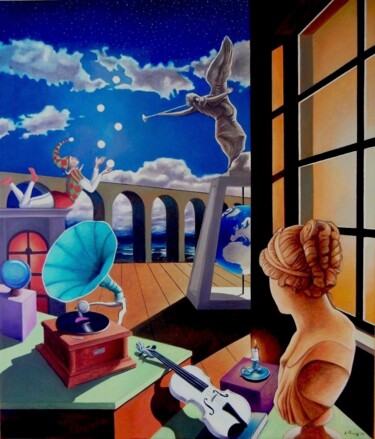 Painting titled "Notte magica stella…" by Antonio Pirozzi, Original Artwork, Oil Mounted on Wood Panel