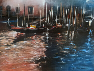 Painting titled "In the evening - Ve…" by Antonio Sgarbossa, Original Artwork, Oil Mounted on Wood Panel