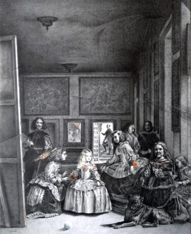 Pittura intitolato "Las Meninas de Velá…" da Antonio Valdés, Opera d'arte originale, Matita Montato su Pannello di legno