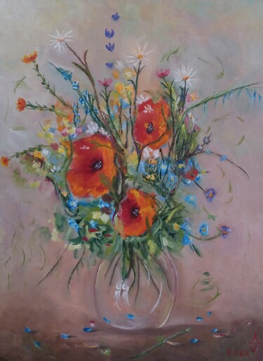 Malerei mit dem Titel "Wiesenblumenstrauß" von Antonio Visciano, Original-Kunstwerk, Öl
