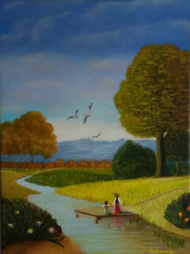 Peinture intitulée "Flusslandschaft" par Antonio Visciano, Œuvre d'art originale, Huile