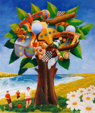 Malerei mit dem Titel "lalbero dei giocatt…" von Antonio Calabrese, Original-Kunstwerk, Öl