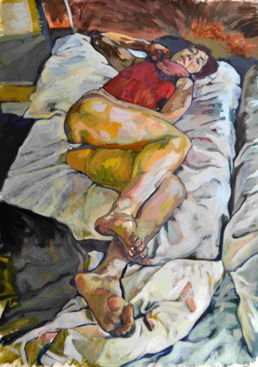 Painting titled "le lit" by Antonio Jaenada, Original Artwork, Oil Mounted on Wood Panel