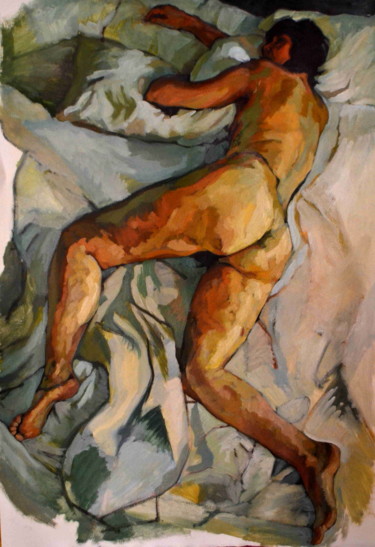 Painting titled "nu sur lit" by Antonio Jaenada, Original Artwork, Oil Mounted on Cardboard