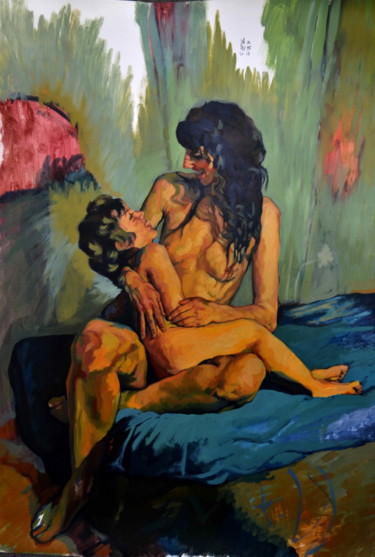 Painting titled "mère et fils" by Antonio Jaenada, Original Artwork, Oil Mounted on Wood Panel