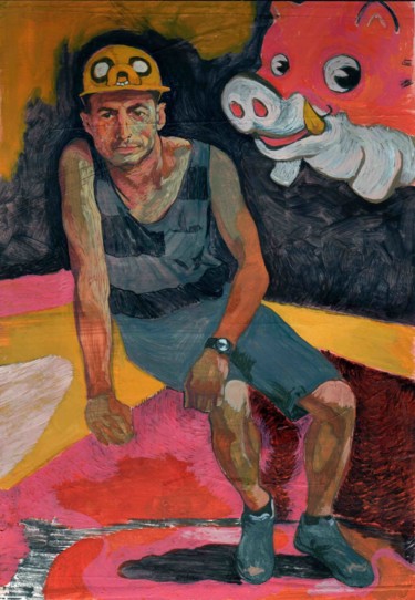 Schilderij getiteld "david et le cochon" door Antonio Jaenada, Origineel Kunstwerk, Olie