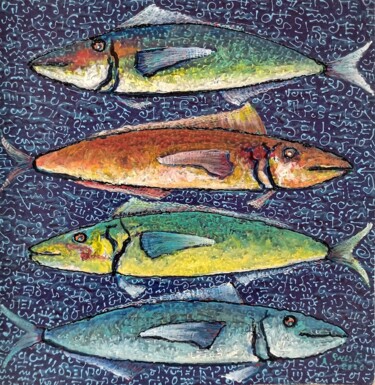 Peinture intitulée "Quattro pesci" par Antonio Presti, Œuvre d'art originale, Acrylique Monté sur Châssis en bois