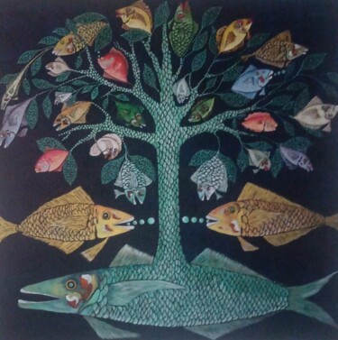 Malerei mit dem Titel "L'albero dei pesci" von Antonio Presti, Original-Kunstwerk, Acryl Auf Keilrahmen aus Holz montiert