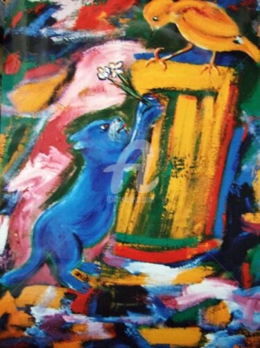 Peinture intitulée "O gato e o canario(…" par Antonio Santos, Œuvre d'art originale, Huile