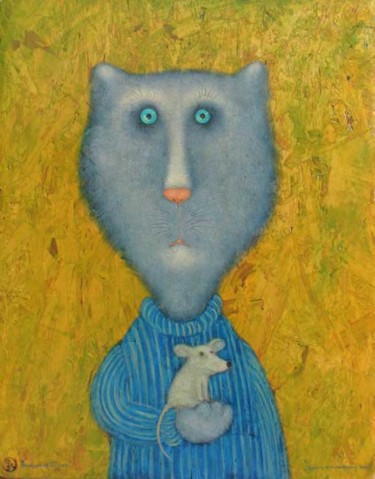 Картина под названием "Кот и его маленький…" - Roman Antonov, Подлинное произведение искусства, Масло