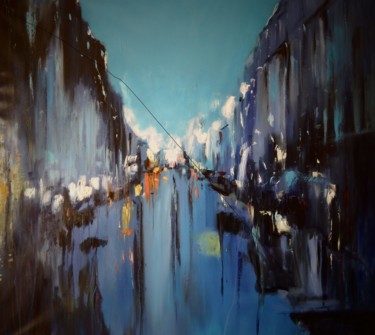 Painting titled "Blue street" by Oliver Anton, Original Artwork, Oil