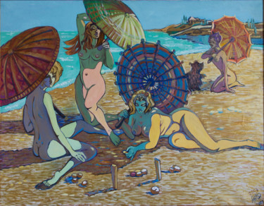 Картина под названием "Девушки с зонтиками…" - Ekaterina Antropova, Подлинное произведение искусства, Масло