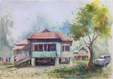 Картина под названием "Village in North Ea…" - Anubhuti Das, Подлинное произведение искусства, Акварель
