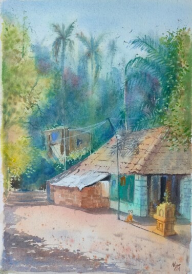Malerei mit dem Titel "Village Verandah" von Anubhuti Das, Original-Kunstwerk, Aquarell