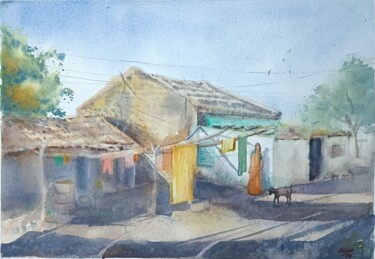 Schilderij getiteld "Rajasthani Village" door Anubhuti Das, Origineel Kunstwerk, Aquarel