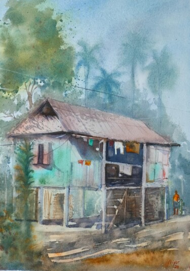 Malerei mit dem Titel "Village Hut" von Anubhuti Das, Original-Kunstwerk, Aquarell