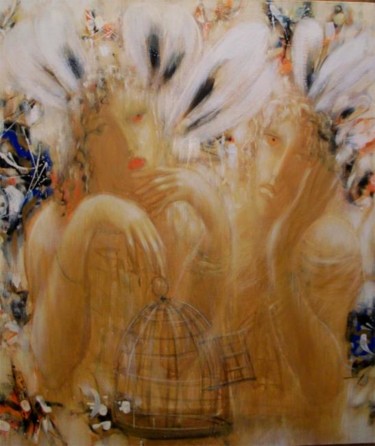Картина под названием "girls with the bird" - Victor Anufriev, Подлинное произведение искусства, Масло