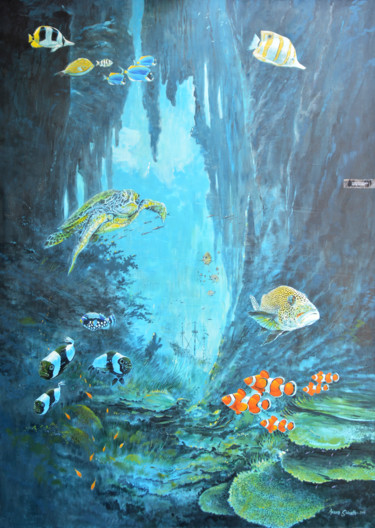 Painting titled "Sea World" by Anura Srinath, Original Artwork, Acrylic Mounted on Wood Stretcher frame