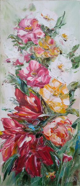 Painting titled "Flowers-1" by Anush Emiryan, Original Artwork, Oil Mounted on Wood Stretcher frame