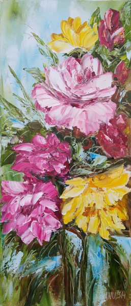 Painting titled "Flowers-2" by Anush Emiryan, Original Artwork, Oil Mounted on Wood Stretcher frame