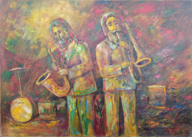 Schilderij getiteld "Musicians-1" door Anush Emiryan, Origineel Kunstwerk, Olie Gemonteerd op Frame voor houten brancard