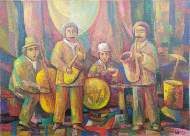 Painting titled "Musicians-3" by Anush Emiryan, Original Artwork, Oil Mounted on Wood Stretcher frame