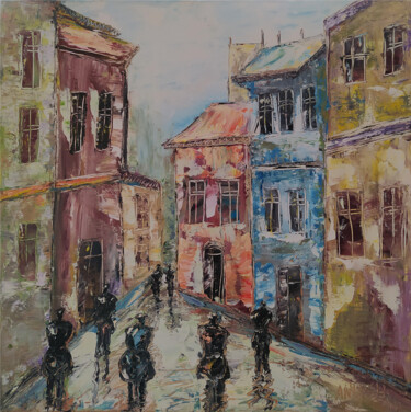 Painting titled "Cityscape-1" by Anush Emiryan, Original Artwork, Oil Mounted on Wood Stretcher frame