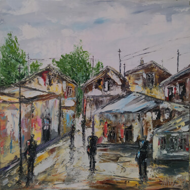 Painting titled "Cityscape-3" by Anush Emiryan, Original Artwork, Oil Mounted on Wood Stretcher frame
