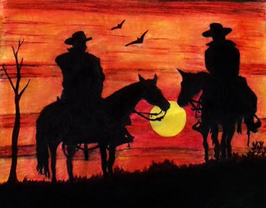 Painting titled "Cowboys at sunset" by Anusree Palit Palit, Original Artwork, Ink