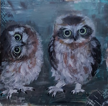 Painting titled "Funny owl's babies" by Anya Komaristaia-Dumouchel, Original Artwork, Acrylic