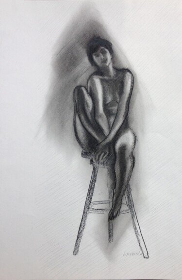 제목이 "Young woman on stool"인 그림 Anyck Alvarez Kerloch로, 원작, 숯