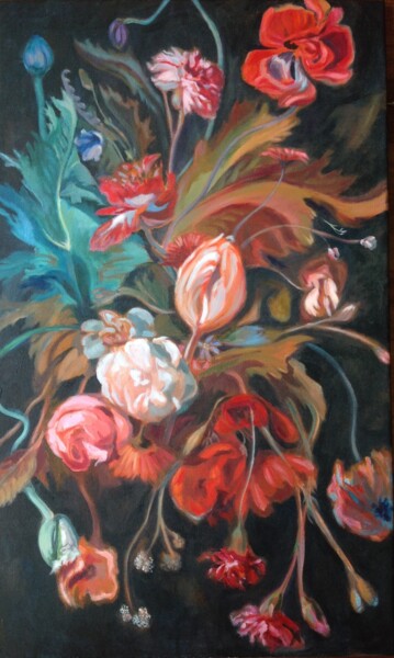 Painting titled "Flowers on Black #2" by Anyck Alvarez Kerloch, Original Artwork, Acrylic