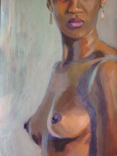 Painting titled "Black Woman with Ea…" by Anyck Alvarez Kerloch, Original Artwork, Acrylic