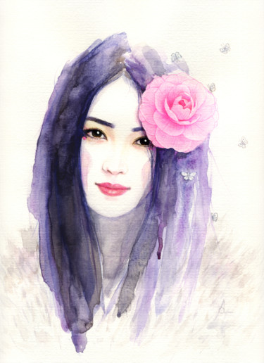 Painting titled "Camélia" by Anyse Alagama, Original Artwork, Watercolor