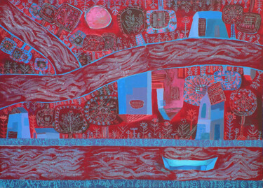 Painting titled "Красные реки" by Anzhela Golodetskaia, Original Artwork, Acrylic