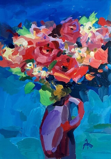 Peinture intitulée "Цветы на синем фоне" par Anzelika Kondracionova, Œuvre d'art originale, Acrylique