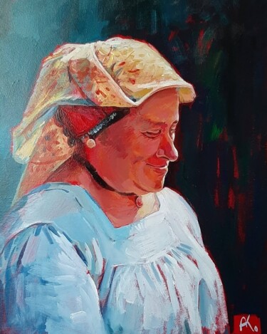 Painting titled "Женщина в народном…" by Anzelika Kondracionova, Original Artwork, Acrylic Mounted on Wood Stretcher frame
