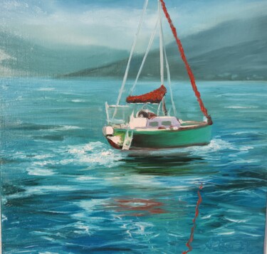 Schilderij getiteld "Boat Painting Seasc…" door Anzhelika Izzi, Origineel Kunstwerk, Olie Gemonteerd op Frame voor houten br…