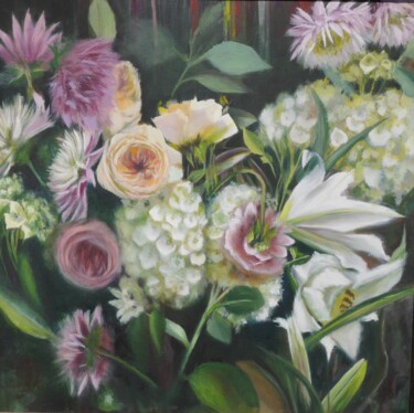 Painting titled "Pink White Roses Ca…" by Anzhelika Izzi, Original Artwork, Oil Mounted on Wood Stretcher frame