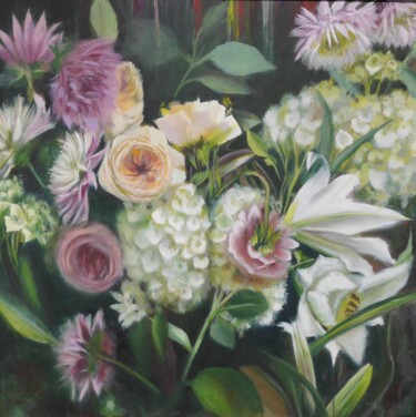 Painting titled ""Pink and white ros…" by Anzhelika Izzi, Original Artwork, Oil Mounted on Wood Stretcher frame