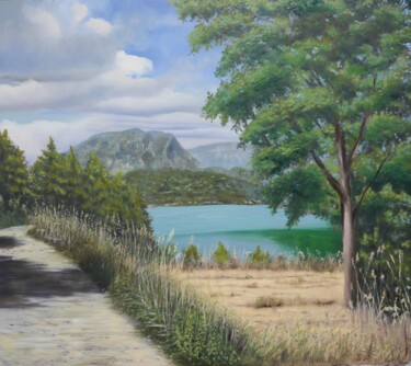 Painting titled "Lake Mountains and…" by Anzhelika Izzi, Original Artwork, Oil