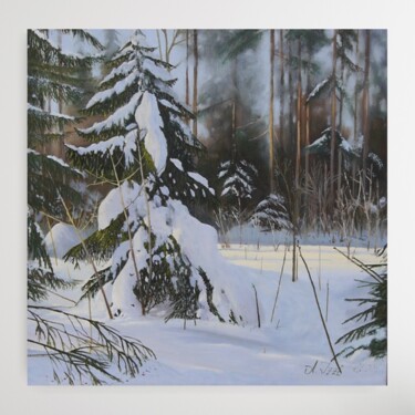 Painting titled "Pine Tree Winter Pa…" by Anzhelika Izzi, Original Artwork, Oil Mounted on Wood Stretcher frame