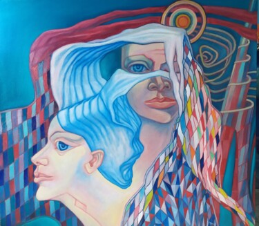 Painting titled "Faces.Duality" by Anzhella Shmidtkhen, Original Artwork, Oil Mounted on Wood Stretcher frame