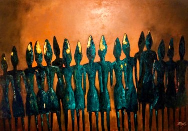 Painting titled "Phoenikia" by Michael Aoun, Original Artwork, Oil Mounted on Wood Stretcher frame