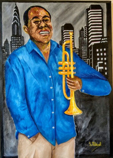 Painting titled "LOUIS ARMSTRONG" by Michael Aoun, Original Artwork, Oil