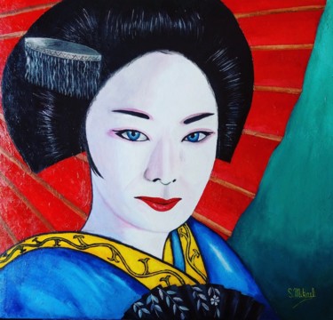 Schilderij getiteld "Geisha with red umb…" door Michael Aoun, Origineel Kunstwerk, Acryl