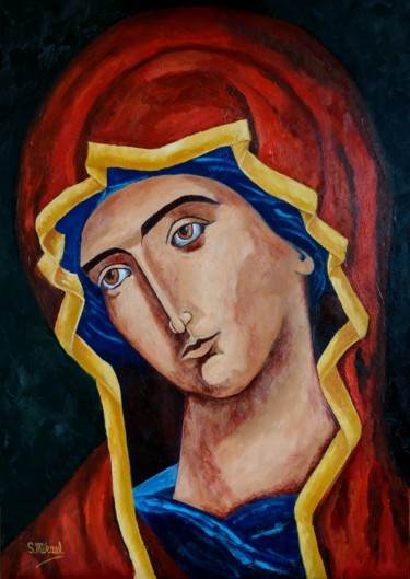 Painting titled "Mary" by Michael Aoun, Original Artwork, Oil Mounted on Wood Panel