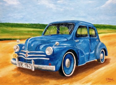 Painting titled "Renault 4CV 1950" by Michael Aoun, Original Artwork, Acrylic Mounted on Cardboard