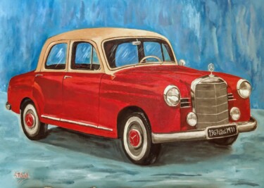 Painting titled "The Red Mercedes" by Michael Aoun, Original Artwork, Acrylic Mounted on Wood Panel