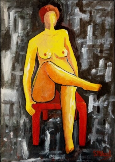 Painting titled "The Yellow Nude" by Michael Aoun, Original Artwork, Acrylic Mounted on Wood Panel